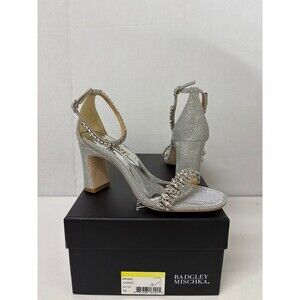 Badgley Mischka Harriet Silver Crystals Embellished Block Heel Sandals Sz 5.5M